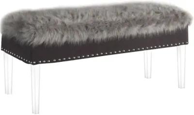 Upholstered Faux Fur Bench With Flip Top - Gray / Clear