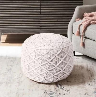 Cotton Blend Round Floral Pouf Ottoman - White