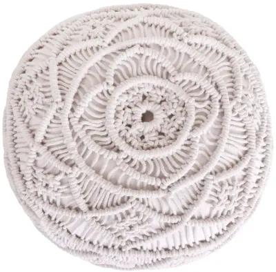 Cotton Blend Round Floral Pouf Ottoman - White