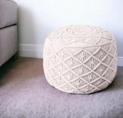 Cotton Blend Round Floral Pouf Ottoman - White