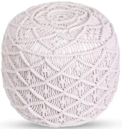 Cotton Blend Round Floral Pouf Ottoman - White