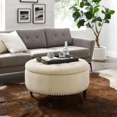 Linen Rolling Tufted Round Storage - Beige / Brown