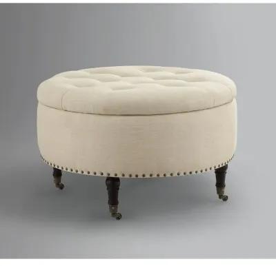 Linen Rolling Tufted Round Storage - Beige / Brown