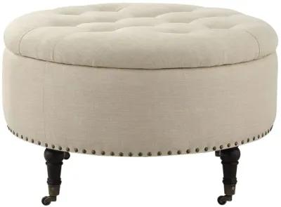 Linen Rolling Tufted Round Storage - Beige / Brown