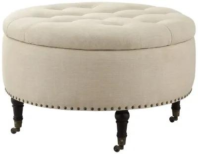 Linen Rolling Tufted Round Storage - Beige / Brown