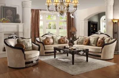 Fabric And Black Ornate Frame Damask Arm Chair With Accent Pillows - Tan