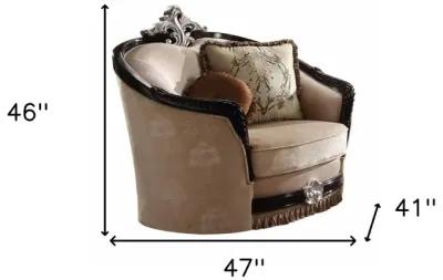 Fabric And Black Ornate Frame Damask Arm Chair With Accent Pillows - Tan