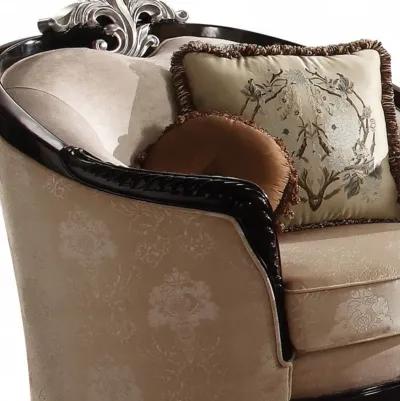 Fabric And Black Ornate Frame Damask Arm Chair With Accent Pillows - Tan