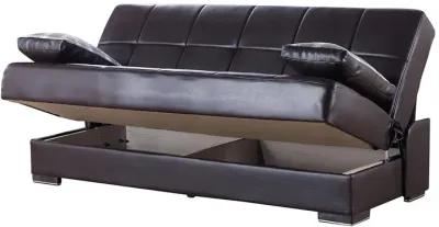 Sleeper Sofa Faux Leather And Toss Pillows With Brown Legs - Dark Brown