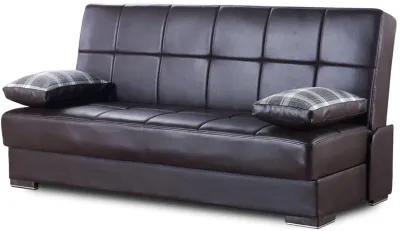 Sleeper Sofa Faux Leather And Toss Pillows With Brown Legs - Dark Brown