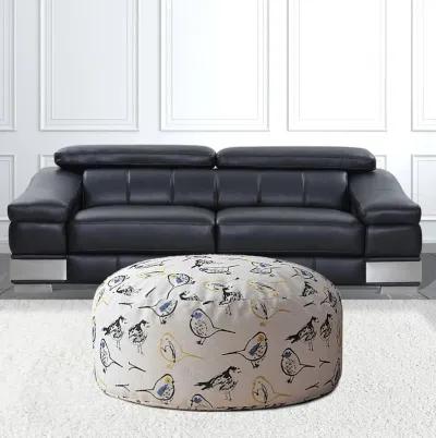 Canvas Round Birds Pouf Cover - Yellow / White