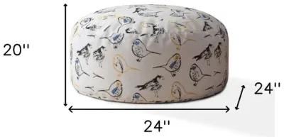 Canvas Round Birds Pouf Cover - Yellow / White