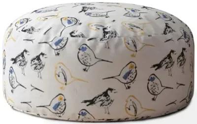 Canvas Round Birds Pouf Cover - Yellow / White