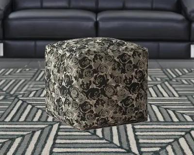 Canvas Floral Pouf Cover - Beige