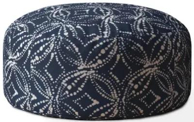 Canvas Round Damask Pouf Cover - Blue / White