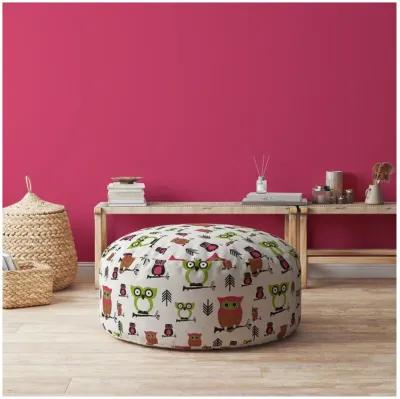 Cotton Round Owls Pouf Cover - Pink / White