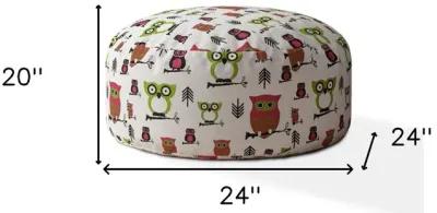 Cotton Round Owls Pouf Cover - Pink / White