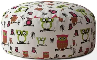 Cotton Round Owls Pouf Cover - Pink / White