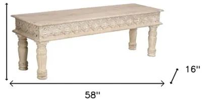 Distressed And Carved Solid Wood Dining Bench - White