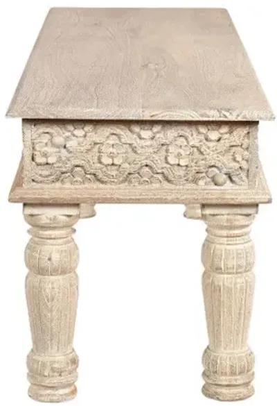 Distressed And Carved Solid Wood Dining Bench - White