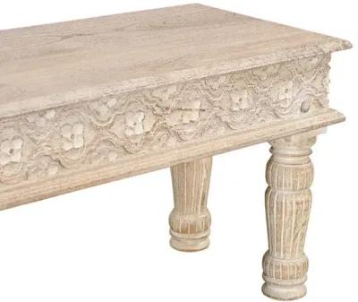 Distressed And Carved Solid Wood Dining Bench - White