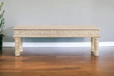 Distressed And Carved Solid Wood Dining Bench - White