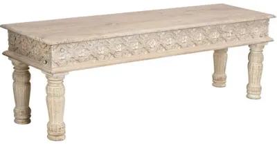 Distressed And Carved Solid Wood Dining Bench - White