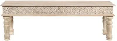 Distressed And Carved Solid Wood Dining Bench - White