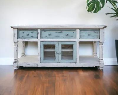 Open Shelving Distressed TV Stand - Blue / White