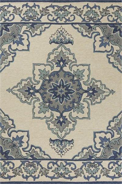 5' X 7' Vines Bordered UV Treated Indoor / Outdoor Area Rug - Ivory / Blue