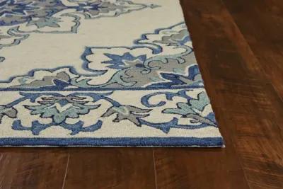 5' X 7' Vines Bordered UV Treated Indoor / Outdoor Area Rug - Ivory / Blue