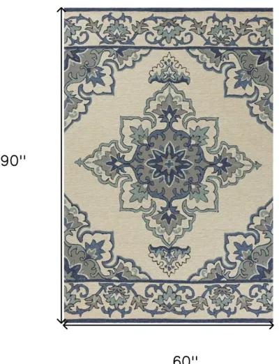 5' X 7' Vines Bordered UV Treated Indoor / Outdoor Area Rug - Ivory / Blue