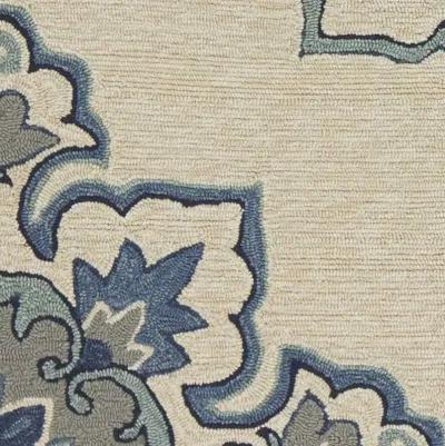 5' X 7' Vines Bordered UV Treated Indoor / Outdoor Area Rug - Ivory / Blue