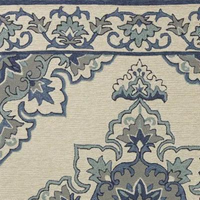 5' X 7' Vines Bordered UV Treated Indoor / Outdoor Area Rug - Ivory / Blue