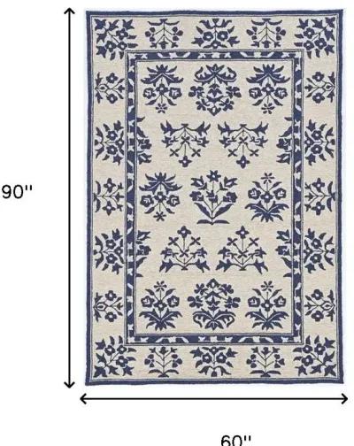 5' X 7' Floral Bordered Indoor / Outdoor Area Rug - S / / Blue