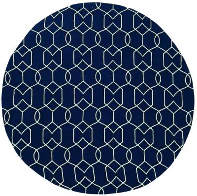 7' Hand Hooked UV Treated Geometric Round Indoor / Outdoor Area Rug - Navy Blue