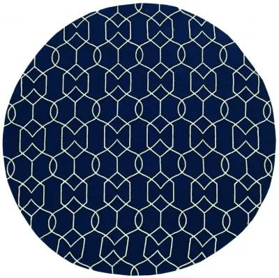 7' Hand Hooked UV Treated Geometric Round Indoor / Outdoor Area Rug - Navy Blue