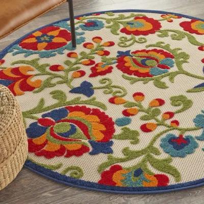 5' Round Round Floral Outdoor / Indoor Area Rug - Green / Ivory