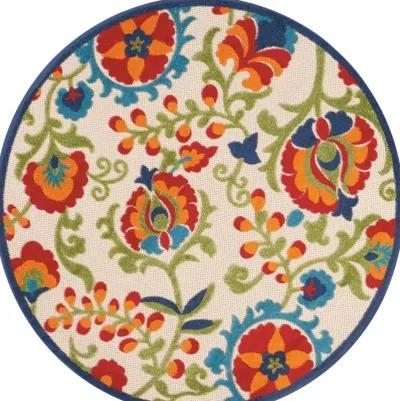 5' Round Round Floral Outdoor / Indoor Area Rug - Green / Ivory