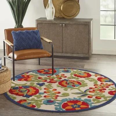 5' Round Round Floral Outdoor / Indoor Area Rug - Green / Ivory