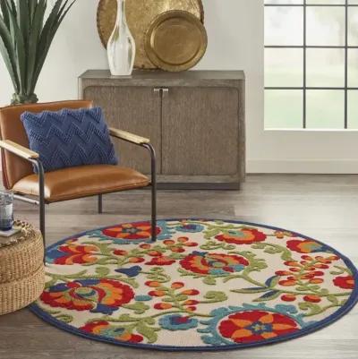 5' Round Round Floral Outdoor / Indoor Area Rug - Green / Ivory