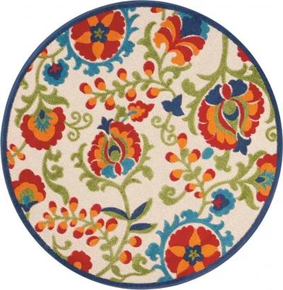 5' Round Round Floral Outdoor / Indoor Area Rug - Green / Ivory