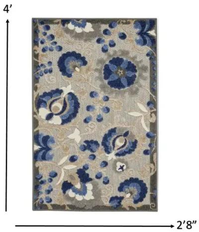 3' X 4' Floral Indoor & Outdoor Area Rug - Gray / Blue