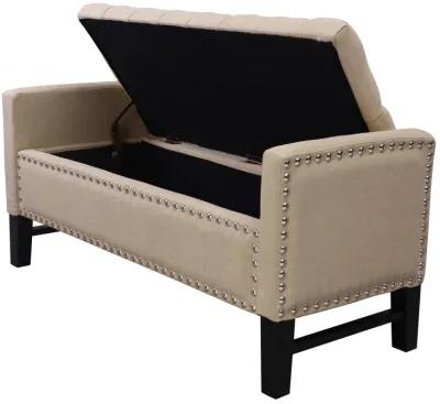 Upholstered Linen Bench With Flip Top - Beige / Black