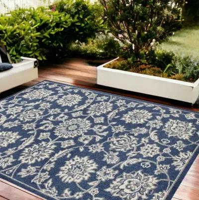 8' X 11' Floral Indoor / Outdoor Area Rug - Denim Blue