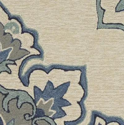 3' X 5' Damask Handmade Indoor / Outdoor Area Rug - Ivory / Blue