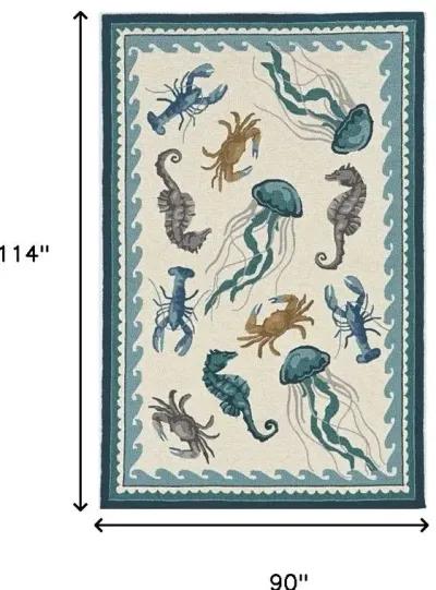 8' X 10' Hand Woven UV Treated Coastal Sea Life Indoor / Outdoor Area Rug - Ivory Teal