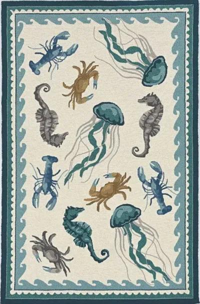 8' X 10' Hand Woven UV Treated Coastal Sea Life Indoor / Outdoor Area Rug - Ivory Teal