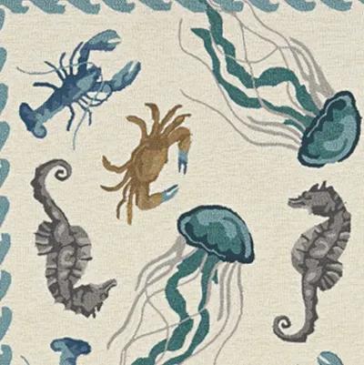 8' X 10' Hand Woven UV Treated Coastal Sea Life Indoor / Outdoor Area Rug - Ivory Teal