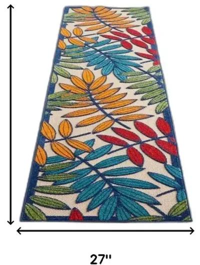 2' X 10' Floral Indoor & Outdoor Area Rug - Ivory / Blue